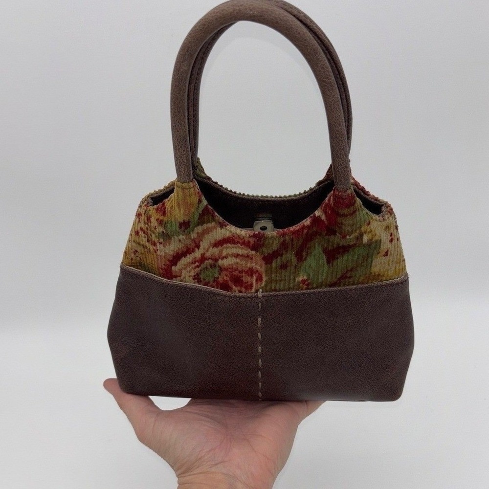 VINTAGE Mini‎ Bag Corduroy Leather Purse Handbag Floral Corduroy Tapestry Brown
